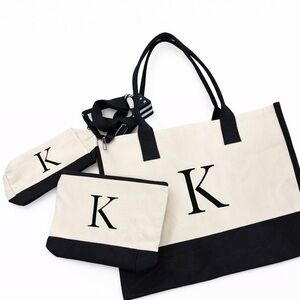 Black and Cream Tote Bag Set with Initial K